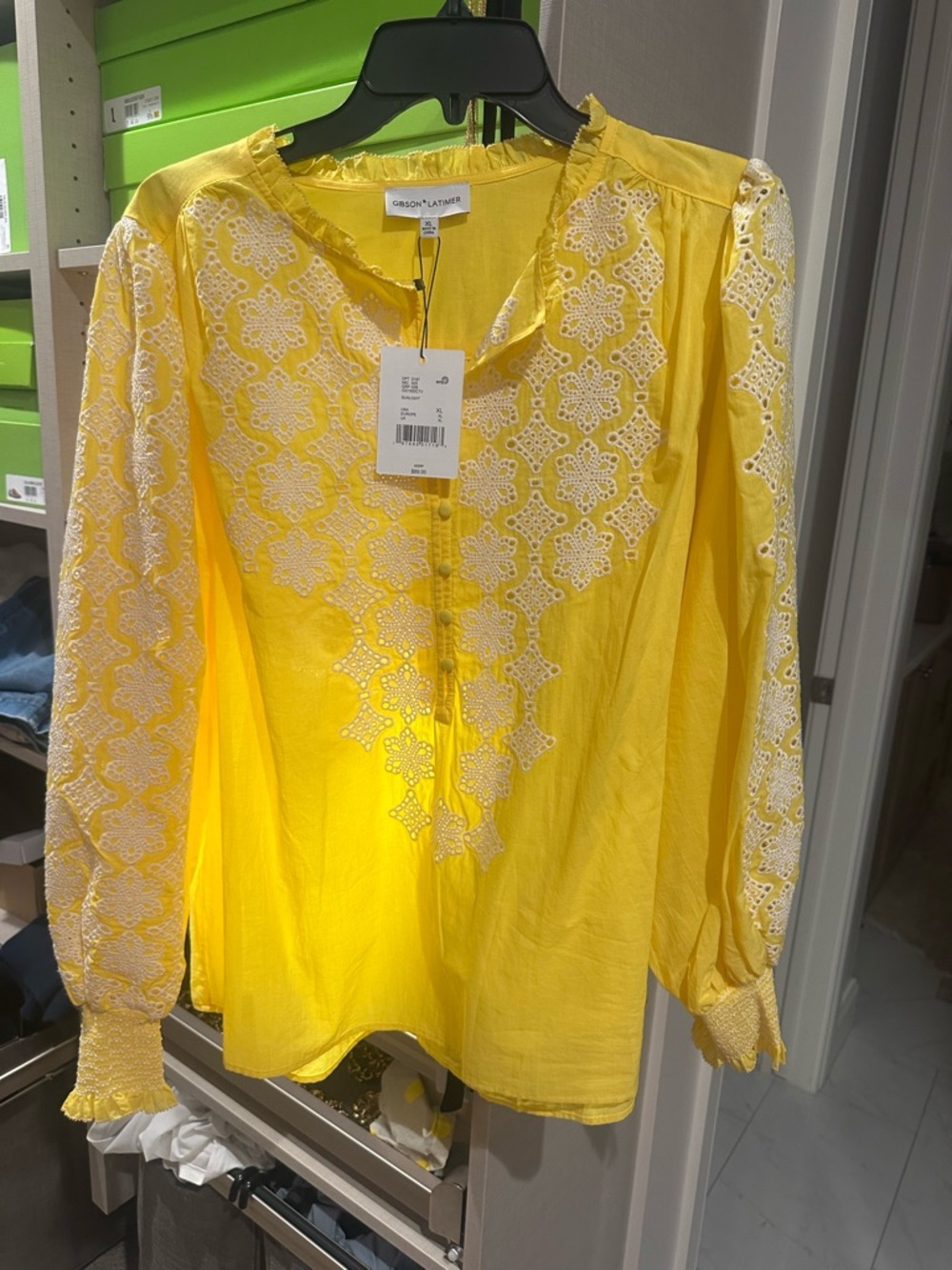 Gibson Latimer Bright Yellow Embroidered Split-Neck Blouse